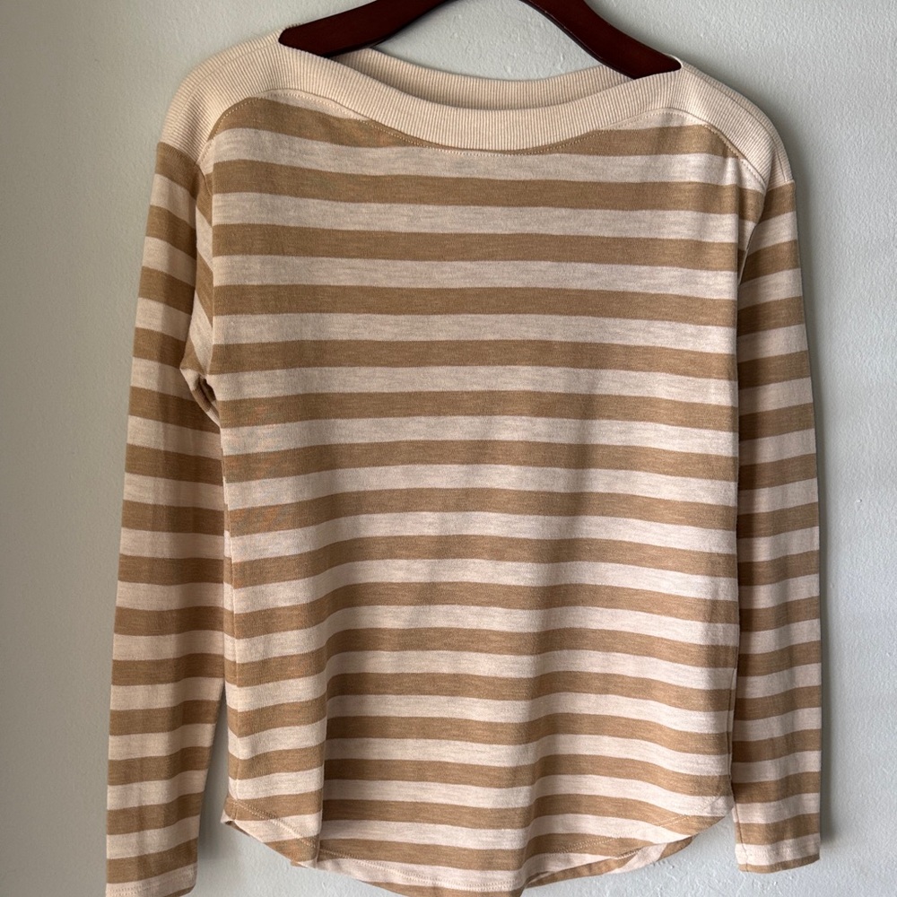 Loft tan / beige striped boat neckline long sleeve tee blouse top